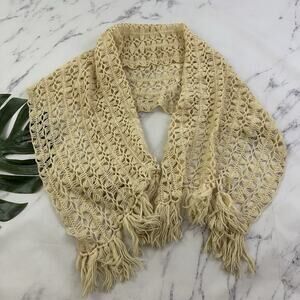 Vintage 70s Crochet Knit Wrap Scarf Cream Beige Fringe Trim Boho Cottage Shawl
